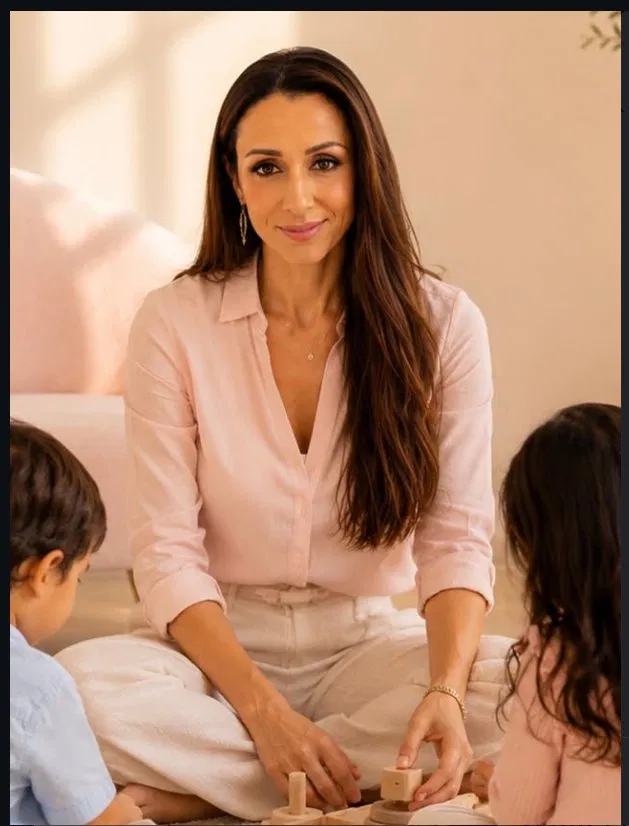 Dr Sally Mikhael, paediatric chiropractor and founder of The Calm Family OS, sitting on the floor with her two children building with wooden toys